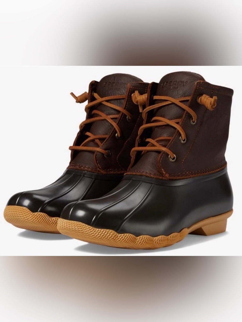 New! Size 1 Girl. Sperry Dark Brown and Tan Waterproof Duck Boots